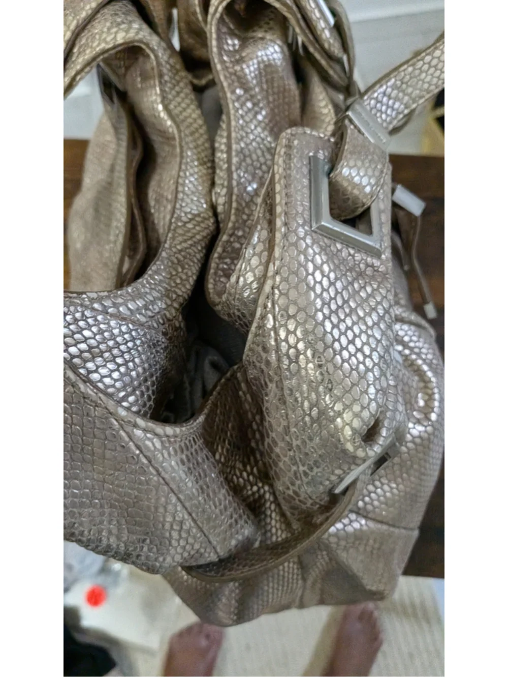 Michael Kors 'Carey Large' snake-embossed metallic leather shoulder tote.